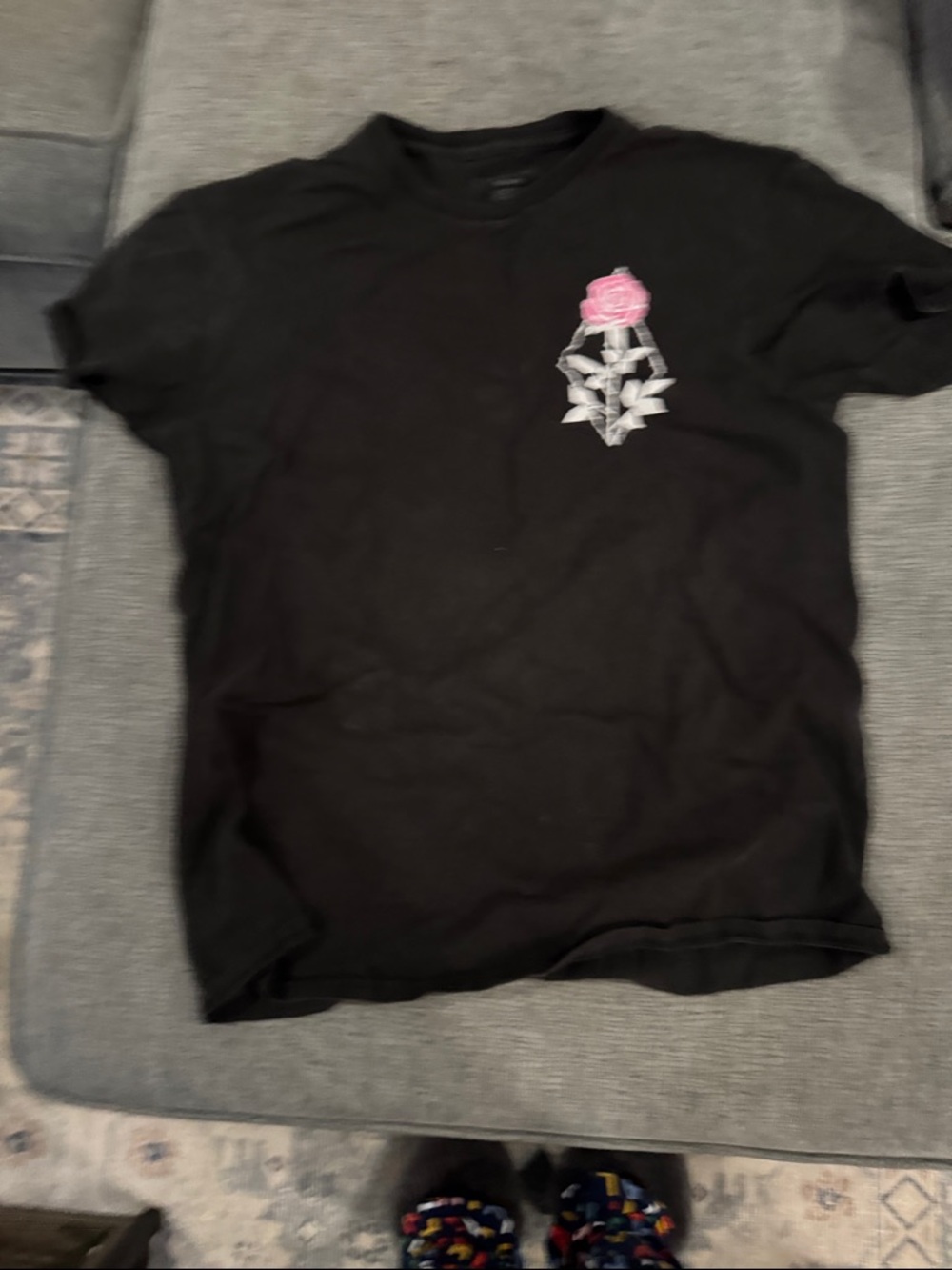 Empyre Black Tee with Pink Rose and White Thorn Graphic
